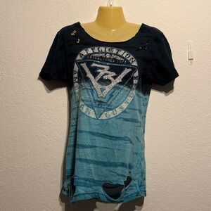 Affliction Blue Ombre Distressed Cutout Tee Size M Rhinestone Navy Aqua Rock Top